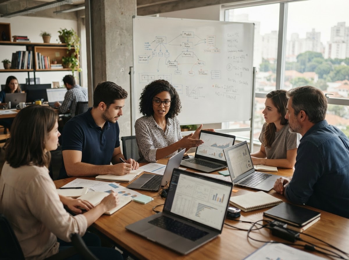 Clara Rendomia — equipe analisando painéis de risco corporativo